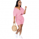 Pink Off-Shoulder V-Nek 2PCS Women Sexy Pant Sets