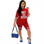 Red Short Sleeve Printed Words 2PCS Pant Sets