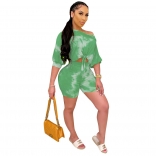 Green Short Sleeve Printed 2PCS Pant Sets