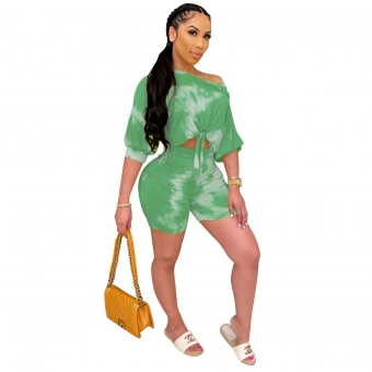 Green Short Sleeve Printed 2PCS Pant Sets