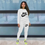 White Long Sleeve O-Neck Printed 2PCS Sport Dress