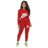 Red Long Sleeve O-Neck Printed 2PCS Sport Dress