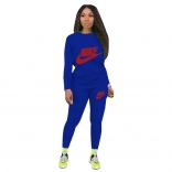 Blue Long Sleeve O-Neck Printed 2PCS Sport Dress