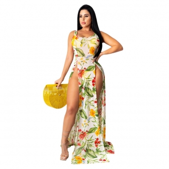 Yellow Halter Sleeveless Mesh Printed Slited Maxi Dress