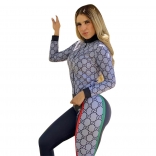 Blue Long Sleeve Printed Women 2PCS Fashion Dress