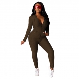 Coffee Long Sleeve Deep V-Neck Zipper 2PCS Sports Dress