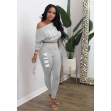 Grey Long Sleeve Printed Pink Sexy 2PCS Women Sports Dress