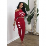 Red Long Sleeve Printed Pink Sexy 2PCS Women Sports Dress