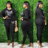 Black Long Sleeve O-Neck Printed PINK 2PCS Sexy Sports Dress