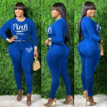 Blue Long Sleeve O-Neck Printed PINK 2PCS Sexy Sports Dress