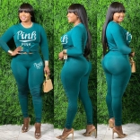 Green Long Sleeve O-Neck Printed PINK 2PCS Sexy Sports Dress