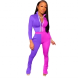 Purple Long Sleeve Zipper Deep V-Neck 2PCS Women Sports Dress