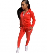 Red Long Sleeve Zipper V-Neck 2PCS Sexy Jumpsuit