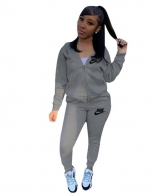 Grey Long Sleeve Zipper V-Neck 2PCS Sexy Jumpsuit