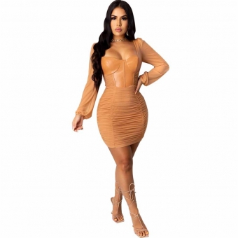 Beige Mesh Long Sleeve Bodycons Mini Dress