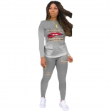 Grey Long Sleeve Printed Sexy Women Sports Dress
