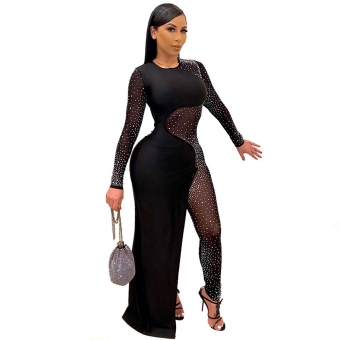Black Long Sleeve O-Neck Mesh Rainstones Evening Dress