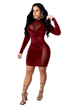 Red Long Sleeve Mesh Velvet Bodycons Mni Dress