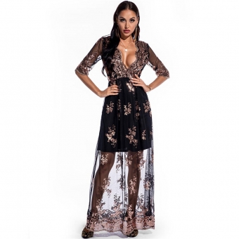 Black Long Sleeve V-Neck Sequins Mesh Women Maxi Dress