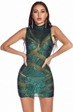 Green Sleeveless Mesh Sequins Bodycons Mini Dress