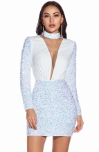 White Long Sleeve Deep V-Neck Sequins Sexy Mini Dress