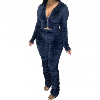 RoyalBlue Long Sleeve Zipper 2PCS Velvet Women Jumpsuit