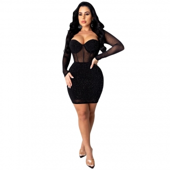 Black Long Sleeve Mesh Rainstones Bodycons Mini Dress