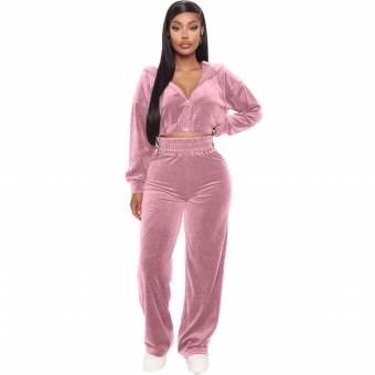 Pink Long Sleeve Zipper V-Neck Velvet Winter Catsuit Dress