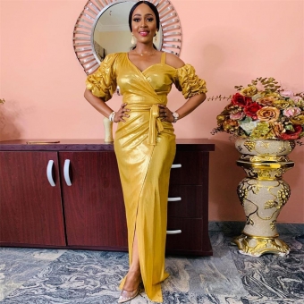 Golden Long Sleeve V-Neck Gilt Sexy Club Long Dress