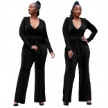 Black Long Sleeve V-Neck Silk Women Fashion Jumpsuit