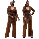 Golden Long Sleeve V-Neck Silk Women Fashion Jumpsuit