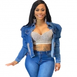 Blue Long Sleeve Jeans Rainstones Club Tops