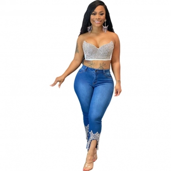 Blue Women Fashion Jeans Pearls Trousers