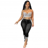 Black Women Fashion Jeans Pearls Trousers