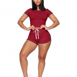 Red Short Sleeve O-Neck 2PCS Women Short Sets