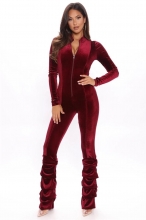 Red Long Sleeve Zipper Velvet Bodycons Sexy Jumpsuit Dress