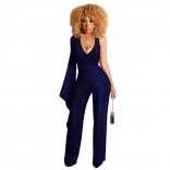 Blue One-Sleeve V-Neck Halter Silk Women Jumpsuit