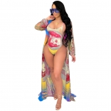 Yellow Long Sleeve Mesh Printed 2PCS Women Bikini Wear