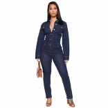 RoyalBlue Long Sleeve V-Neck Jeans Women Jumpsuit