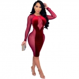 Red Mesh Long Sleeve Velvet Women Midi Dress