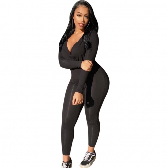 Black Long Sleeve Low-Cut Bodycons Sexy Jummpsuit