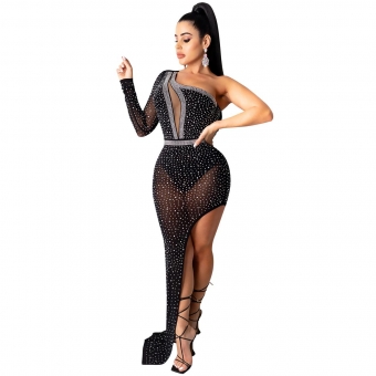 Black Long Sleeve Deep V-Neck Rainstones Mesh Women Maxi Evening Dress