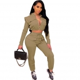 Green Long Sleeve Zipper V-Neck 2PCS Women Jumpsuit