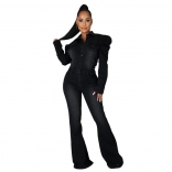 Black Long Sleeve V-Neck Jeans Women Fashion Jumpsuit