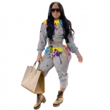 Gray Long Sleeve Printed 2PCS Women Jumpsuit Sets