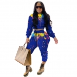 Blue Long Sleeve Printed 2PCS Women Jumpsuit Sets