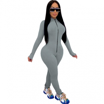 Gray Long Sleeve Zipper Bodycons Women Jumpsuit