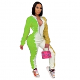 Green Long Sleeve Zipper Deep V-Neck Printed Jumpsuit Dress