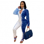 Blue Long Sleeve Zipper Deep V-Neck Printed Jumpsuit Dress