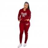 Red Long Sleeve Hoody Printed PINK 2PCS Sports Dress